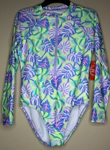 Wonder Nation Girls Long Sleeve Zip-Up Rash Guard 1PC Swimsuit Lavender Sky XL - Picture 1 of 5