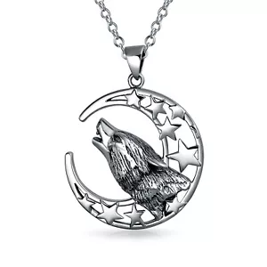 Crescent Moon & Stars Pendant Necklace Werewolf Howling Wolf Oxidized Silver - Picture 1 of 3