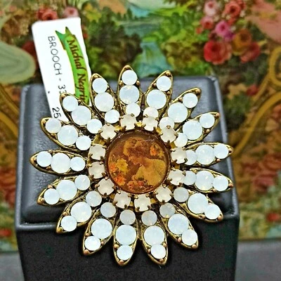 Michal Negrin Brooch Retro Lady White Flower Cameo & Swarovski Crystals Pin Gift - Image 1 of 4