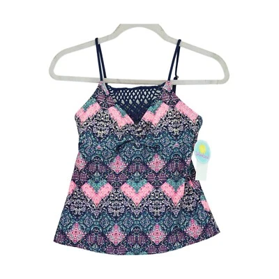 NWT ISLAND SOUL Macrame Navy Multicolor Metallic Pattern Tankini Top Size S - Image 1 of 4