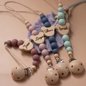 Personalised Baby Dummy Pacifier Chain Clip Wooden Custom New Born Gift - Picture 1 of 10