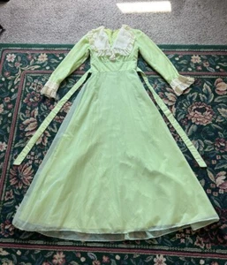 Vintage 60s 70s Prairie Dress Small Green Collared Long Victorian Lace Swiss Dot - Picture 1 of 12