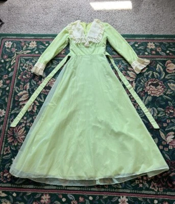 Vintage 60s 70s Prairie Dress Small Green Collared Long Victorian Lace Swiss Dot - Image 1 of 4