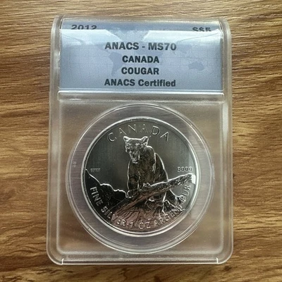 Moneda de plata Canada Cougar 2012 de $5 ANACS MS70 RCM vida silvestre lingotes de 1 oz .999 Foto 1 de 4