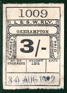 GB Devon LSWR RAILWAY Parcel Stamp 3s *OKEHAMPTON* STATION 1922 Used SILVER92 - Picture 1 of 10