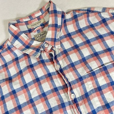 LL Bean Mens XL Red Blue White Plaid 100% Linen Short Sleeve Button Up Shirt - Image 1 of 4