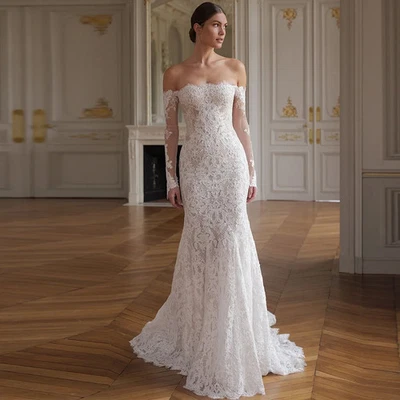 Sexy Vestido de Novia Clásico de Encaje Sirena Hombro Descubierto Mangas Largas Foto 1 de 4