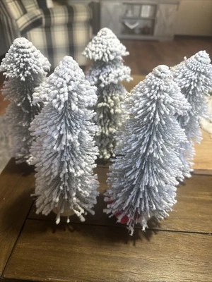 White Snow Artificial Christmas Trees Unlit Set 5 Flocked Trees Wood Base & Wire - Image 1 of 4