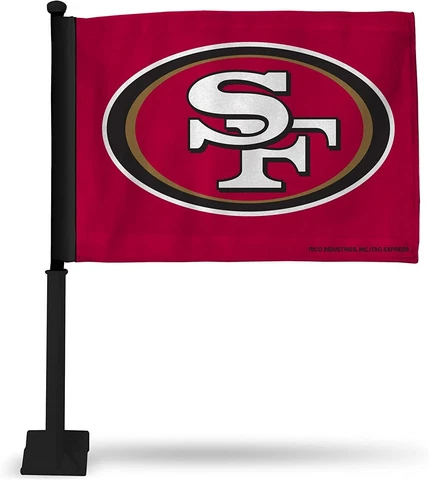 San Francisco 49ers Red Car Flag W Black Pole Double Sided 16" X 19" Strong Pole Cover