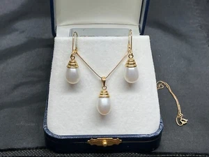 SALE! Estate Vintage Infinity 14k Yellow Gold Drop Cultured Pearl Jewelry Set - Picture 1 of 14