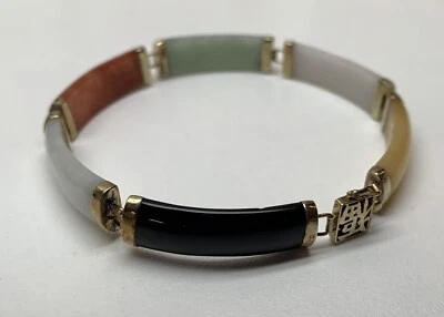 Brazalete chino de oro de 14 quilates multicolor de jade de 7,5 pulgadas verde amarillo naranja Foto 1 de 4