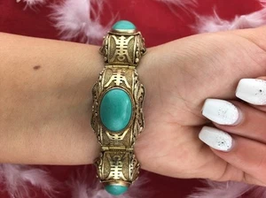 VINTAGE CHINESE GOLD OVER STERLING SILVER FILIGREE TURQUOISE BRACELET - Picture 1 of 11