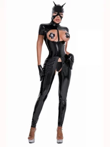 Catsuit Catwoman Suit Wetlook With Opening Crotch Mask Gloves Stockings - Imagen 1 de 3