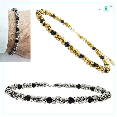 Hombre Brazalete de Acero Piedras Pulsera Cadena Plata Pepitas De Ónix para - Imagen 1 de 4