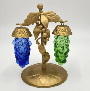 MCM Hanging Blue Green Glass Grapes Salt Pepper Shaker Grape Vine Metal Stand - Picture 1 of 8