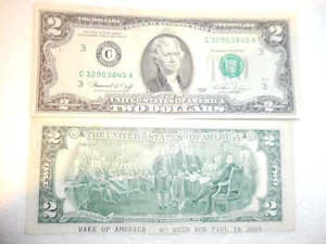 1976 & 2003 $2 FRN NOTES '76 OFF CENTER CUT '03 STAMPED "Need Ron Paul" BUY NOW - Picture 1 of 5