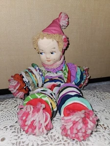 Handmade Yo-Yo Rag Doll 12" Vintage Colorful Multicolor Fabric & Pink Yarn - Picture 1 of 6