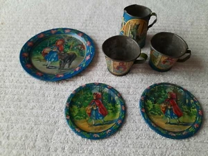 Early 1900's tin litho child's tea set LITTLE RED RIDING HOOD 6 pieces  - Picture 1 of 10