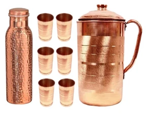 Pure Copper Water Pitcher 1.5 Ltr Hammered Bottle Flasks Tumber Glass Set Of 8 - Picture 1 of 8