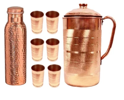 Pure Copper Water Pitcher 1.5 Ltr Hammered Bottle Flasks Tumber Glass Set Of 8 - Image 1 of 4