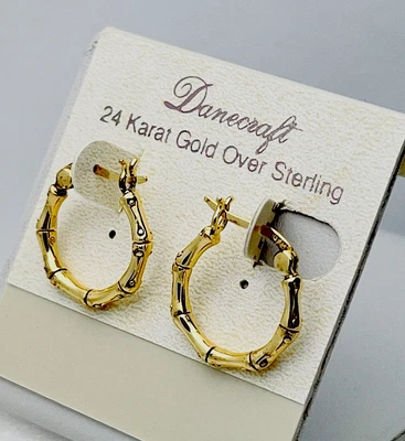 DaneCraft 24KT Gold Over 925 Sterling Bamboo Hoop Pierced Earrings - Image 1 of 4