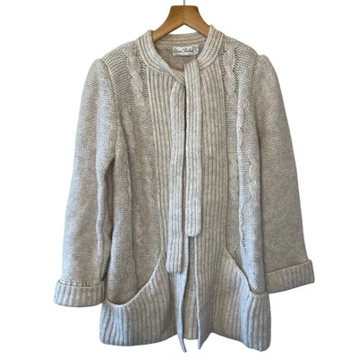 VTG Marisa Christina Wool Cable Knit Ivory/ Gray Chunky Cardigan W/ Neck Tie Med - Image 1 of 4