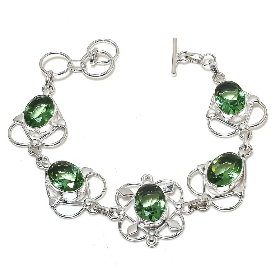 Green Amethyst Gemstone Handmade 925 Sterling Silver Jewelry Bracelet Size 7-8" - Image 1 of 1