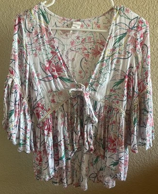 Camisa L*SPACE Blanca Floral Rayón Corbata Frontal Cubierta de Natación Para Mujer Talla XS Foto 1 de 3