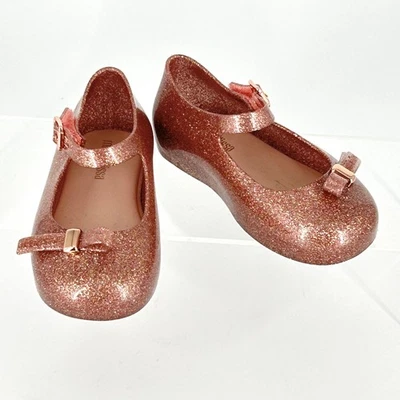 Mini Melissa Talla 2 Brillo Jalea Mary Jane Planos Oro Rosa Niños Hebilla de Arco Foto 1 de 4