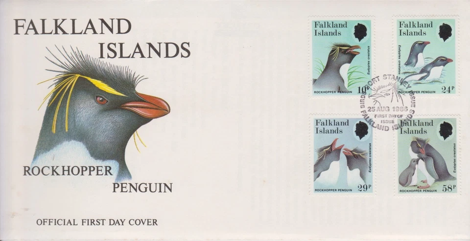 GB - Falkland Islands 1986 Rockhopper Penguins/Nature SG 532-535 FDC BIRDS - Image 1 of 1
