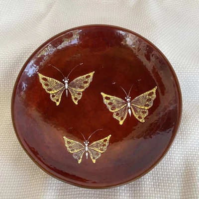 Vtg MCM Serge Nekrassoff Copper & Enamel Butterfly 8” Footed Bowl - Image 1 of 4