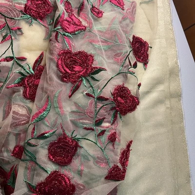 Lot-Embroidered Red Roses Mesh Fabric 53” X 60” & Beige Gold Sparkles 108” X 60” - Image 1 of 4
