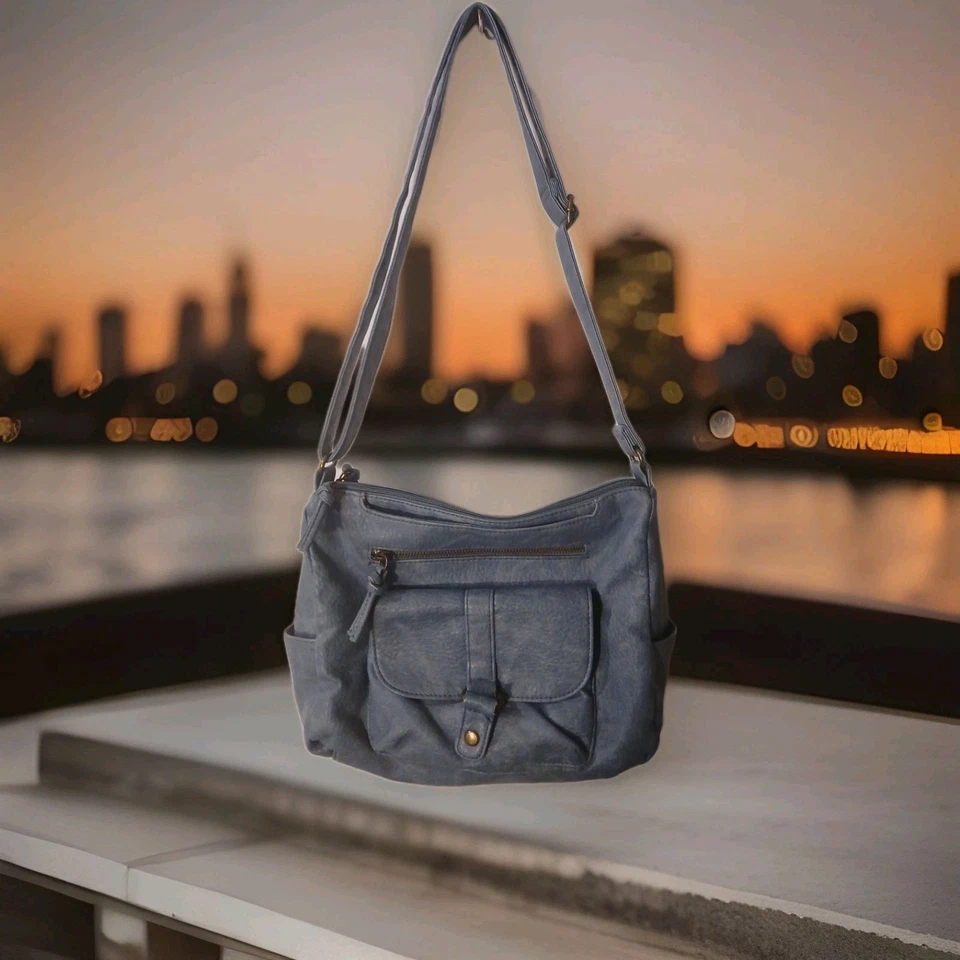 Bolso de hombro de cuero suave Bueno cartera azul con muchos bolsillos y borla Foto 1 de 4