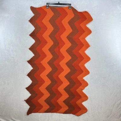Crochet Afghan Blanket Throw Chevron Zigzag Ripple Orange Brown Handmade Retro - Image 1 of 4