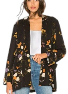 Free People Peony Wrap It Up Black Floral Flare Sleeve open front Kimono Jacket  - Picture 1 of 15