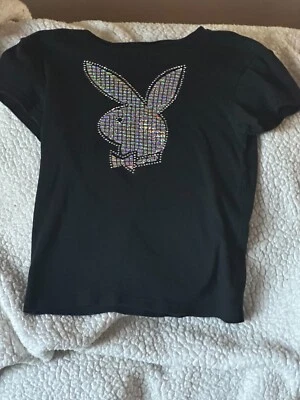CAMISETA PLAYBOY NEGRA CON LOGO HOLOGRÁFICO CABEZA DE CONEJO M/L ALGODÓN FOTOS REALES Foto 1 de 4