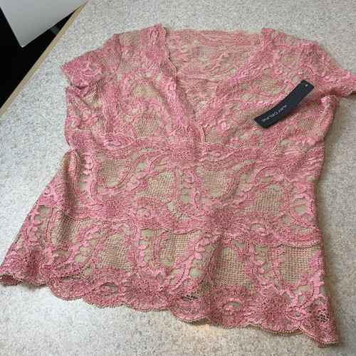 Camicia top donna Kay Celine rosa manica in pizzo foderata L Nuova con etichette