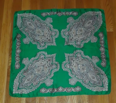 Bufanda cuadrada vintage verde marrón cachemir 100 % seda 21" Foto 1 de 2