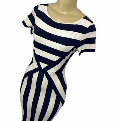 Maeve Dress Geoplane Pencil Short Sleeve Striped Blue Ivory Red Women Sz 4 - Image 1 of 4