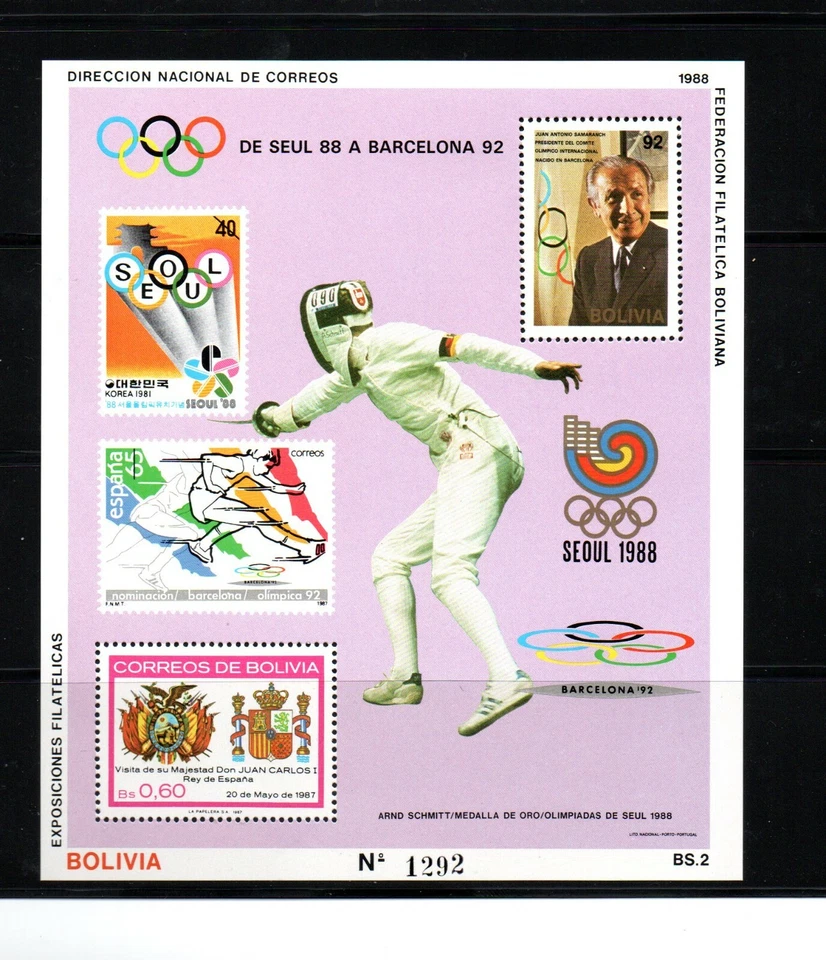 Bolivia 1988 sheet Olympics/Samaranch/Fechter (Michel Block 176) MNH - Image 1 of 1