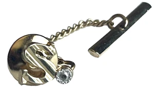 VINTAGE GOLD TONE LETTER "S" LAPEL PIN TIE TACK & CHAIN - Picture 1 of 5