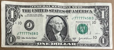 LEADING Five in a Row 7s (77777...) Five of a Kind 7s Dollar Fancy Serial Number - Image 1 of 2