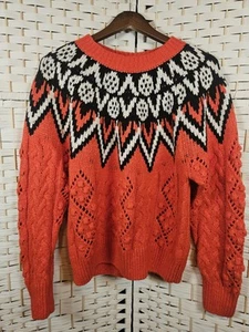 Lucky Brand Womens Medium Orange Sweater Fair Isle Fisherman Ski - Picture 1 of 9