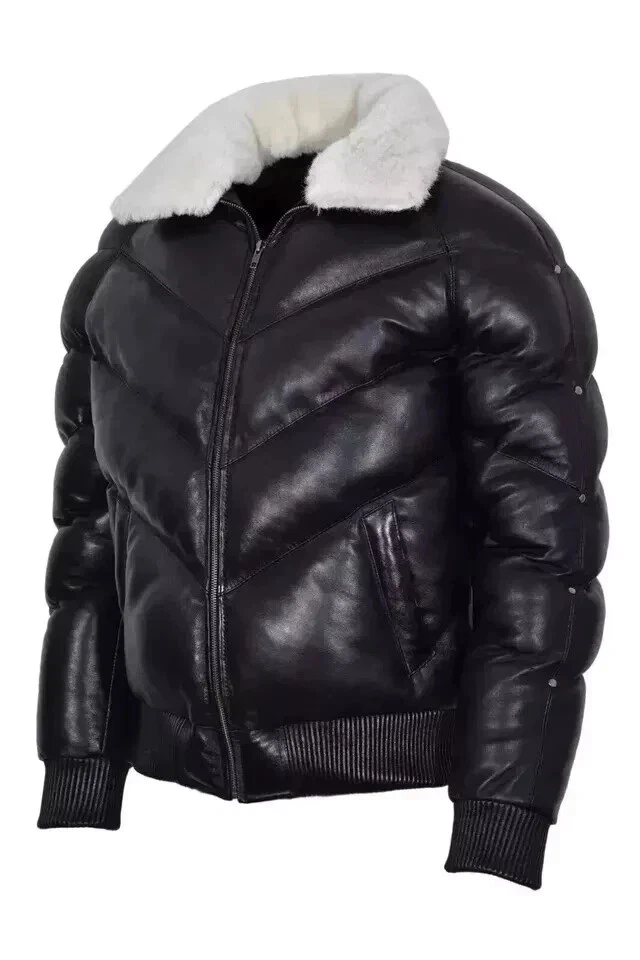 Chaqueta de cuero negra acolchada de invierno con cuello de piel de cordero real Puffer Bomber Foto 1 de 4
