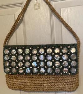 Skemo Clutch Bag Maldives Floral Shells Turquoise Rhinestone Stitched  Cream - Picture 1 of 18