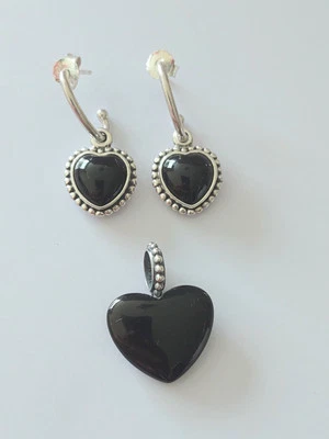 Genuine Pandora Silver Onyx Heart Pendant And Earrings Set — 第 1/3 张图片