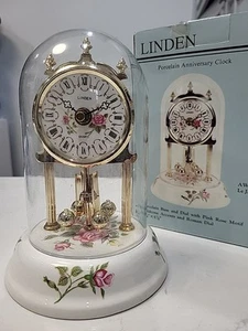 Vintage LINDEN Porcelain Base Anniversary clock With Pink Rose Roman Dial 8 Inch - Picture 1 of 12