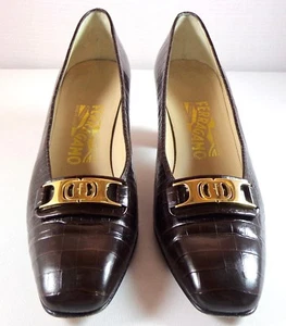 Salvatore Ferragamo Heels Womens Brown Leather Croc Embossed Shoes Size 8 AAA - Picture 1 of 12