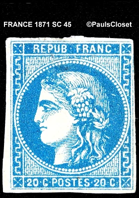 FRANCE 1871 SC 45 CERES BLUE 20c MINT NO GUM IMPERFORATE FINE/VERY FINE - Image 1 of 2