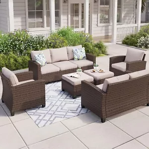 6PCS Outdoor Patio Rattan Furniture Set Cushioned Sofa Sectional Sofa Wicker Set - Picture 1 of 7